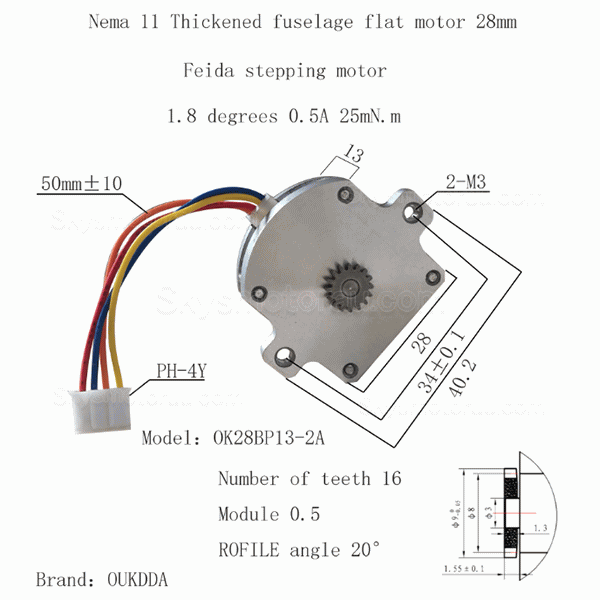 Nema 11 Flat Pancake Stepper Motor OK28BP13-2A 1.8 Deg 2.5Ncm 0.5A 28&times;28&times;13mm 4 Wires